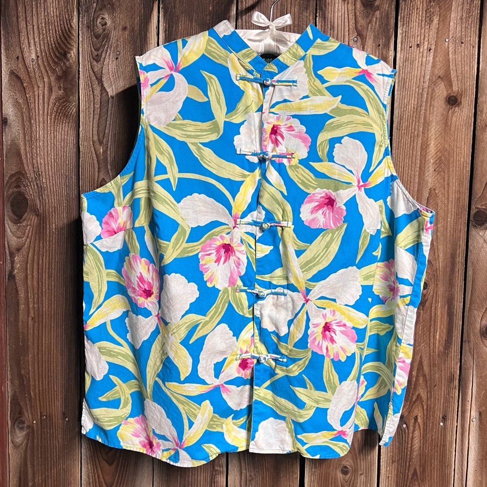 Lauren Ralph Lauren Vibrant Colorful Tropical Floral Mandarin Collar Tank Sz 3X